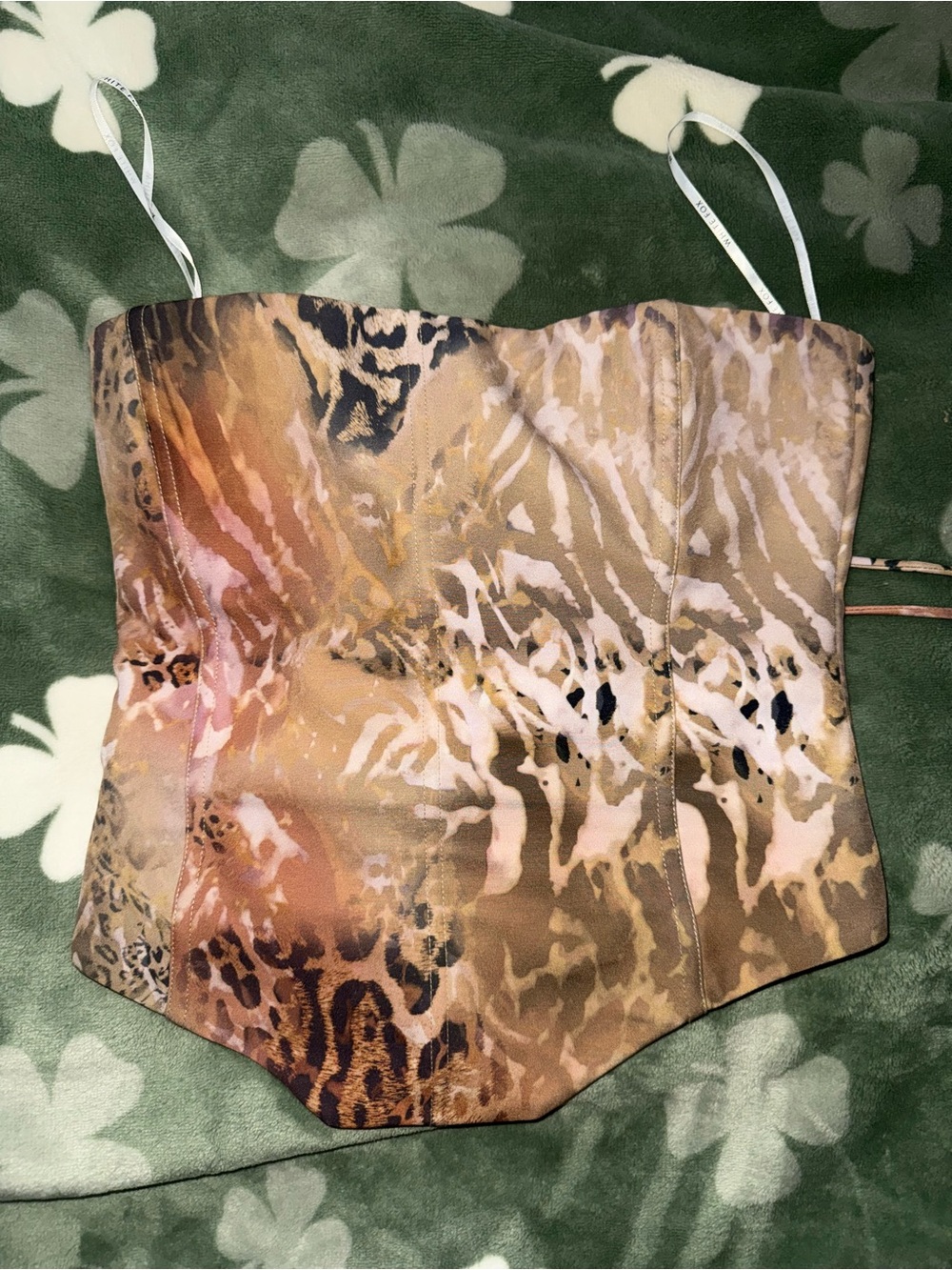White Fox Boutique Animal Print Strapless Corset Top in Brown and Cream